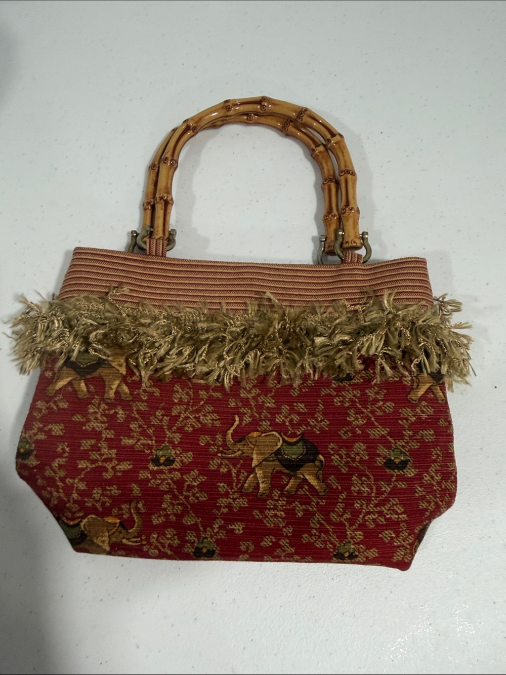 Handmade Vintage-Inspired Red Elephant Tapestry Tote with Bamboo Handles